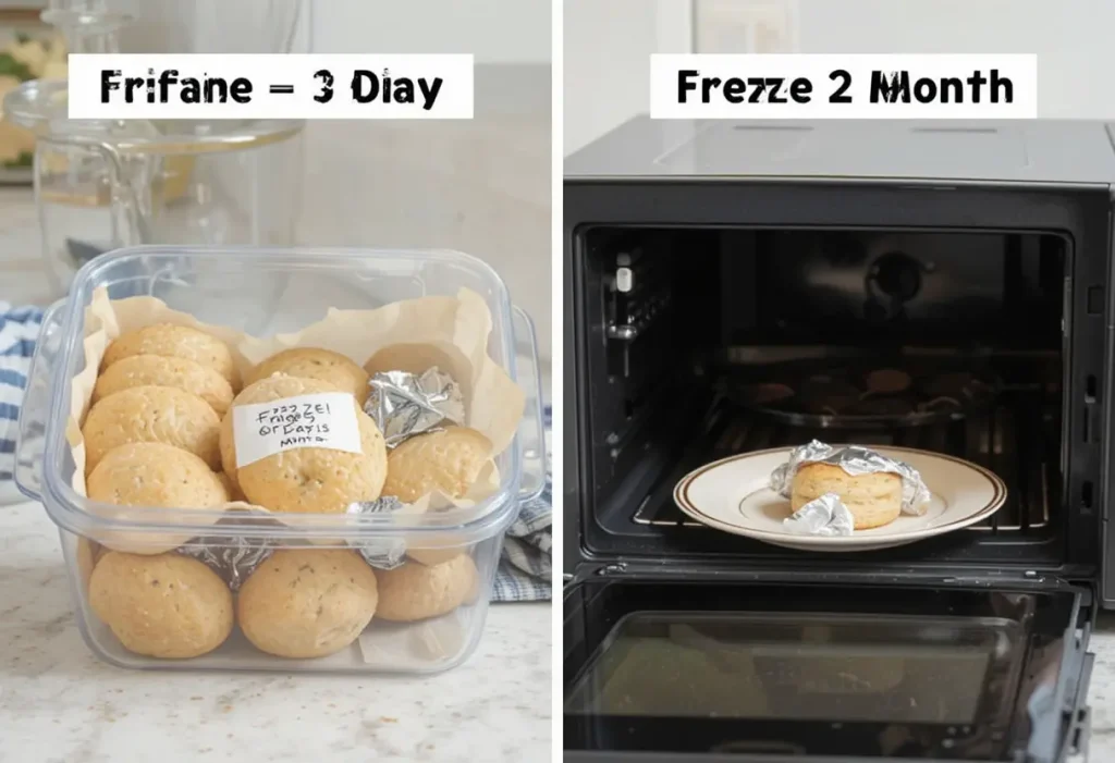 Biscuits stored in a fridge container, wrapped for freezing, and reheated in oven and microwave.