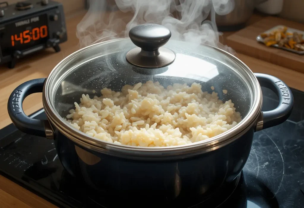 Skillet covered and simmering with rice absorbing broth.