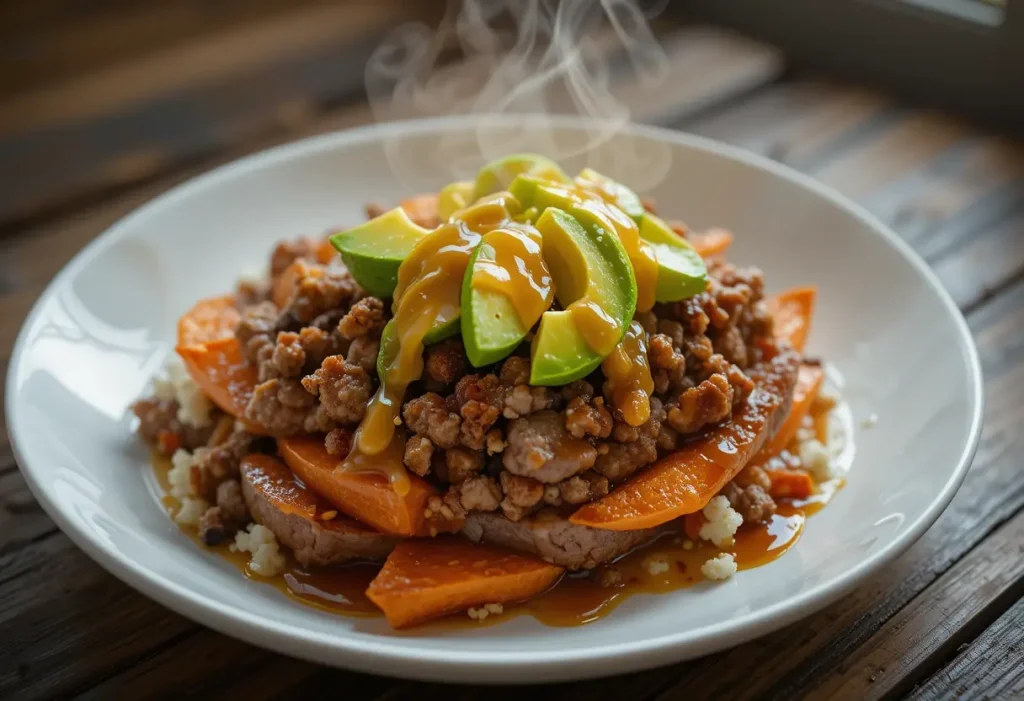 Extreme close-up of sweet potato beef bowl ingredients served on a plate with hot honey, avocado, and cottage cheese, showcasing rich textures.
