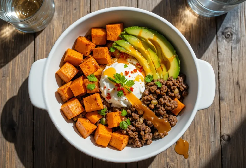 Overhead view of a neatly arranged Sweet Potato Beef Bowl in a white dish. The bowl features roasted sweet potatoes, browned beef, fresh avocado, and creamy cottage cheese, topped with hot honey, chili flakes, and parsley, on a wooden surface with a fork and napkin.