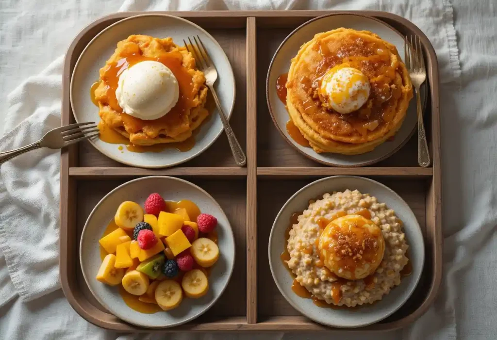 Fried cinnamon banana slices served with vanilla ice cream, pancakes, fresh fruit, and caramel-drizzled oatmeal.