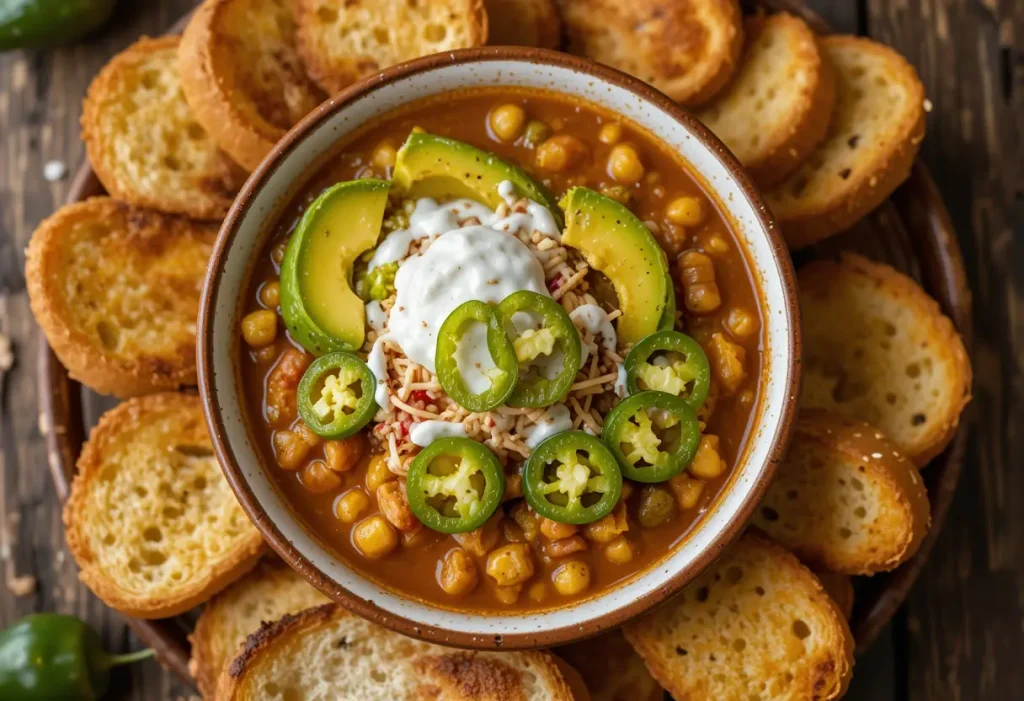 Close-up of chili topped with melting cheese, red chili flakes, and golden corn, showing bold spicy colors and textures.