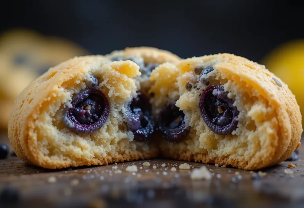 Cookie broken in half to reveal moist interior with blueberries and a bright lemon texture.