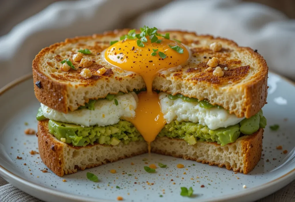 Side-angle close-up of avocado toast with a bite taken out, revealing layers of crispy bread, mashed avocado, and soft egg yolk with toppings, placed on a ceramic plate with a linen napkin in the background.