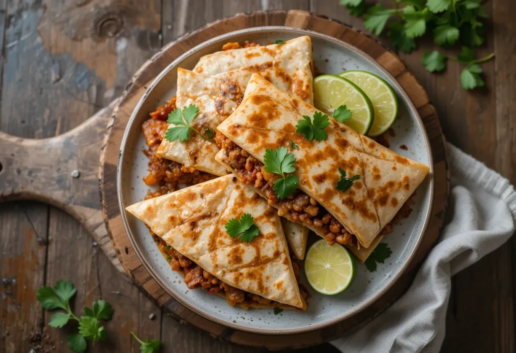 Top-down view of steak fajita quesadillas served with lime wedges and sour cream – sharp HDR lighting highlights textures.