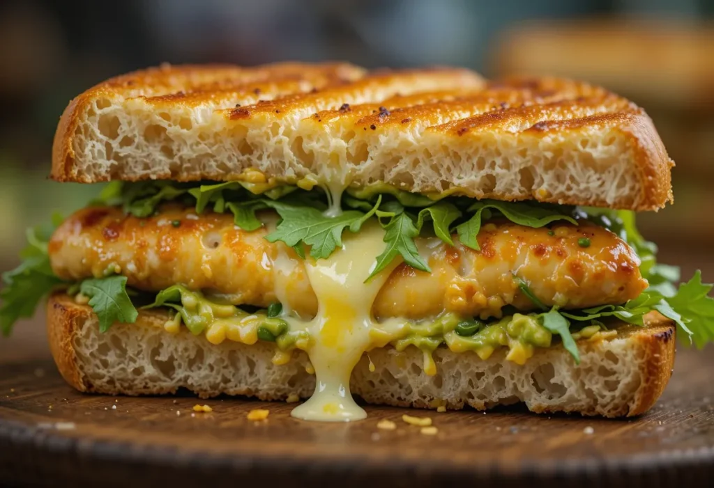 Close-up of Chicken Avocado Melt Sandwich showing golden grilled bread, gooey cheese, and vibrant avocado slices.