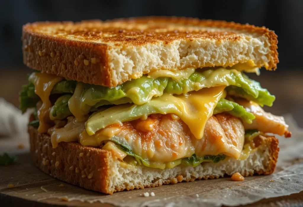 Bite view of Chicken Avocado Melt Sandwich showing juicy chicken, melted cheese, and avocado inside crispy bread.