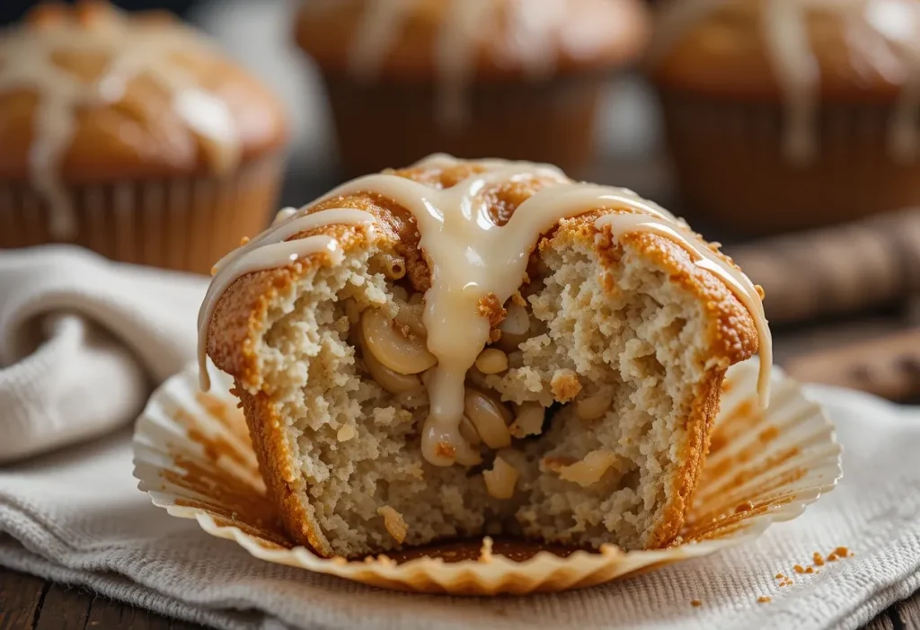 Overhead view of maple cinnamon banana muffins with visible banana chunks, cinnamon sugar crust, and maple glaze, styled with rustic kitchen elements.