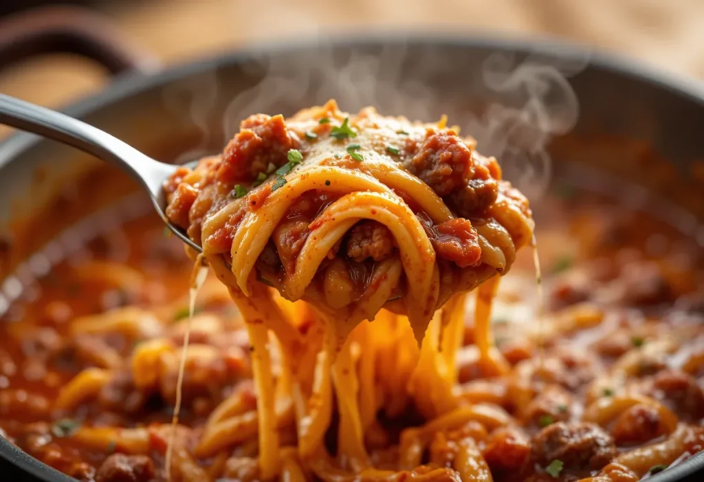 Spoon lifting cheesy one-pot lasagna soup with noodles, ground meat, and red sauce, steam rising from the pot in the background.