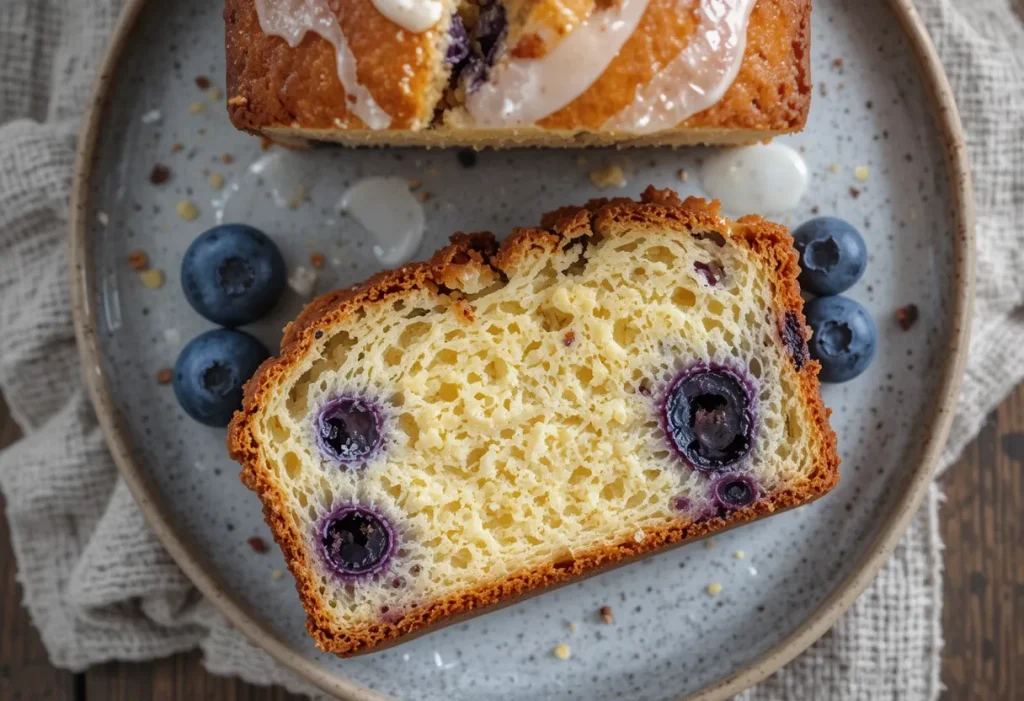 Top-down view of a slice of lemon blueberry loaf on a ceramic plate, topped with lemon glaze and scattered crumbs, showing baked-in blueberries.