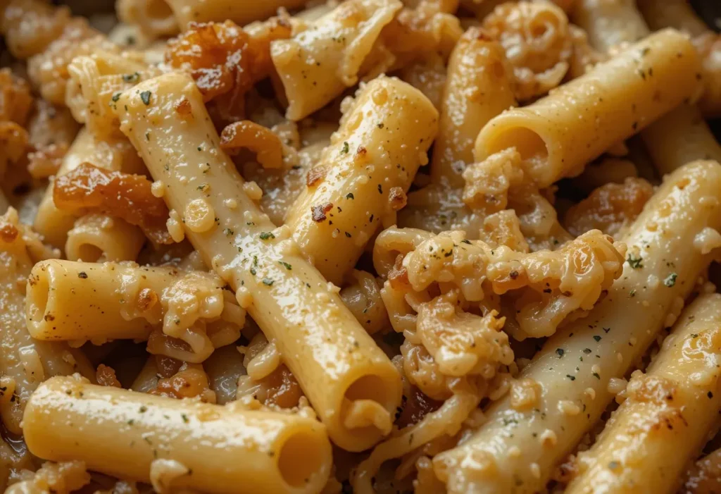 Zoomed-in image of French onion pasta with broiled gruyère, toasted breadcrumbs, and a glossy cream base.
