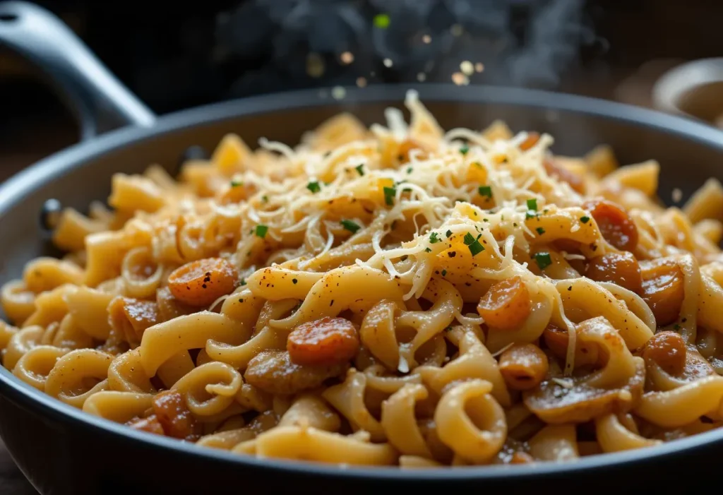 Sharp HDR shot of baked onion pasta with bubbling cheese and flecks of parsley over creamy rigatoni.