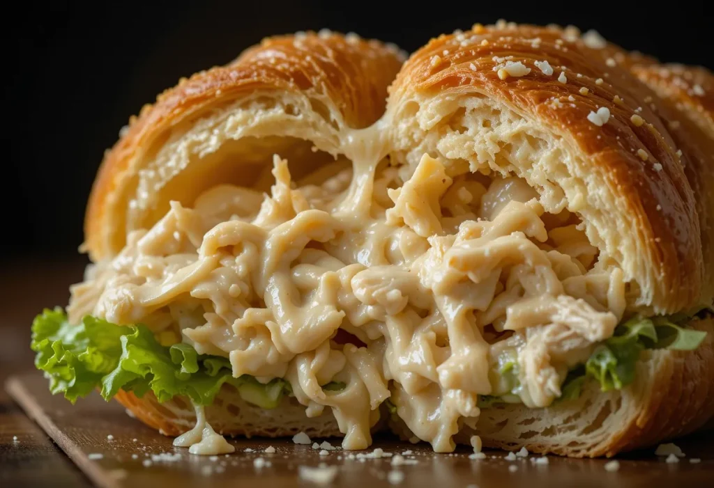 Close-up of a croissant sandwich pulled apart, revealing juicy Caesar chicken, crisp lettuce, and melted cheese inside flaky layers.


