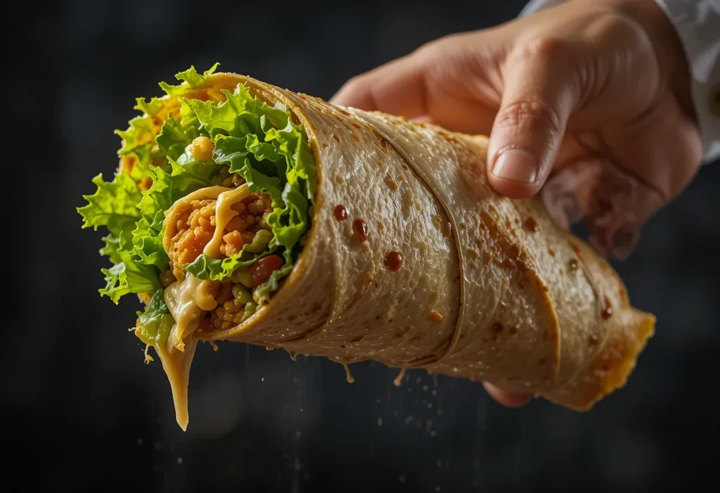 Side view of a Chicken Caesar Wrap being held up, with filling slightly spilling and textures of lettuce and grilled chicken clearly visible.

